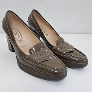 Tod's Penny Loafer w/ Stacked Heel Glossy Patent Brown Size 39